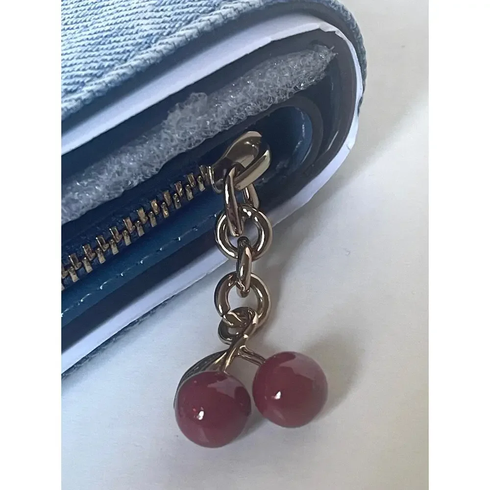 Coach Snap Wallet CEC35 Loved Denim Light Indigo Cherry Charm